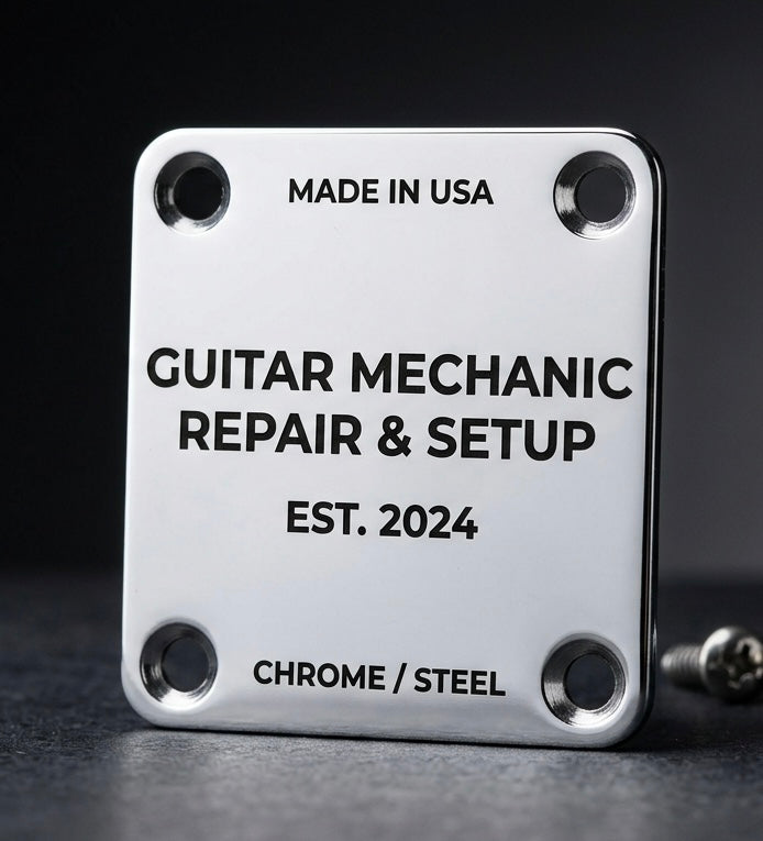 Custom Engraved Guitar Neck Plate | Chrome Steel, 4-Bolt Fender Mount, Laser Etched, Screws Included (Copy)