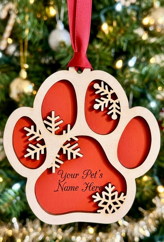 Personalized Dog Paw Christmas Ornament – Laser Cut Wood, hand-painted, Custom Pet Memorial Gift