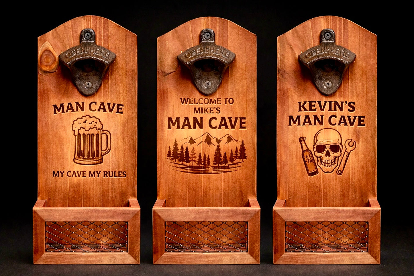 Custom Laser Engraved Wood Bottle Opener w/ Catch Basket