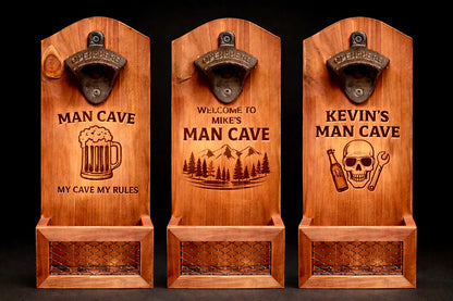 Custom Laser Engraved Wood Bottle Opener w/ Catch Basket