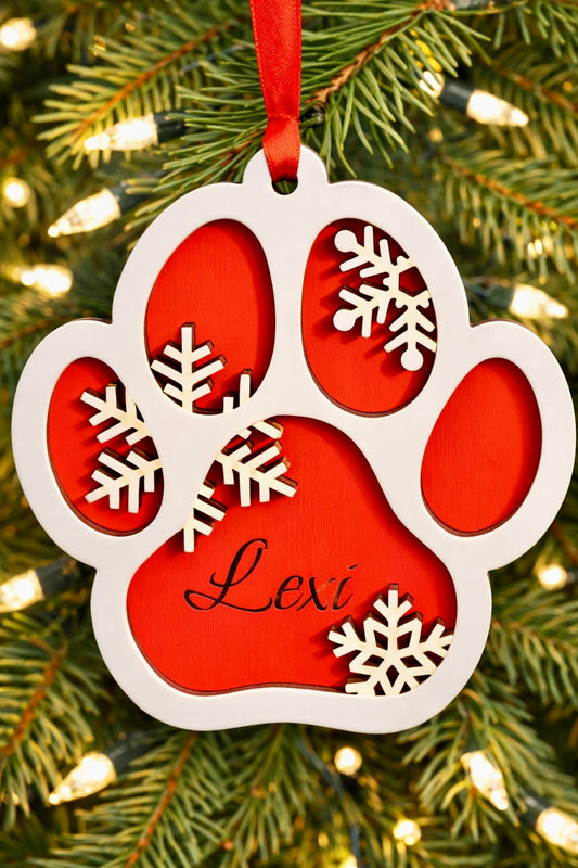 Personalized Dog Paw Christmas Ornament – Laser Cut Wood, hand-painted, Custom Pet Memorial Gift