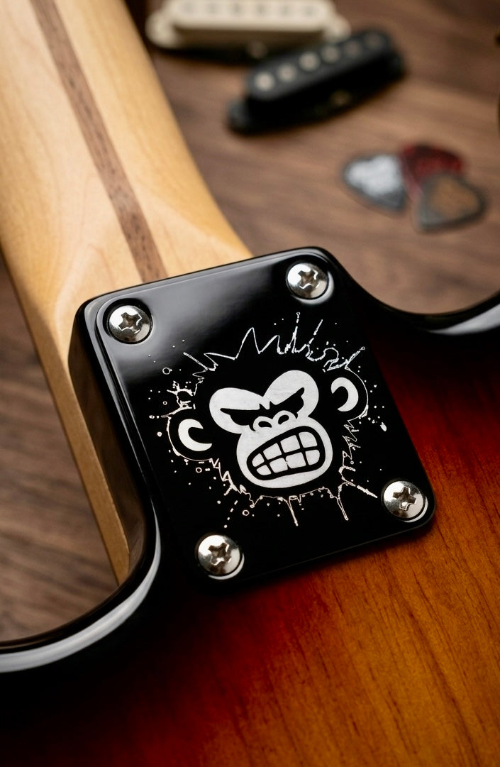 Custom Engraved Guitar Neck Plate | Black Steel, 4-Bolt Fender Mount, Laser Etched, Screws Included