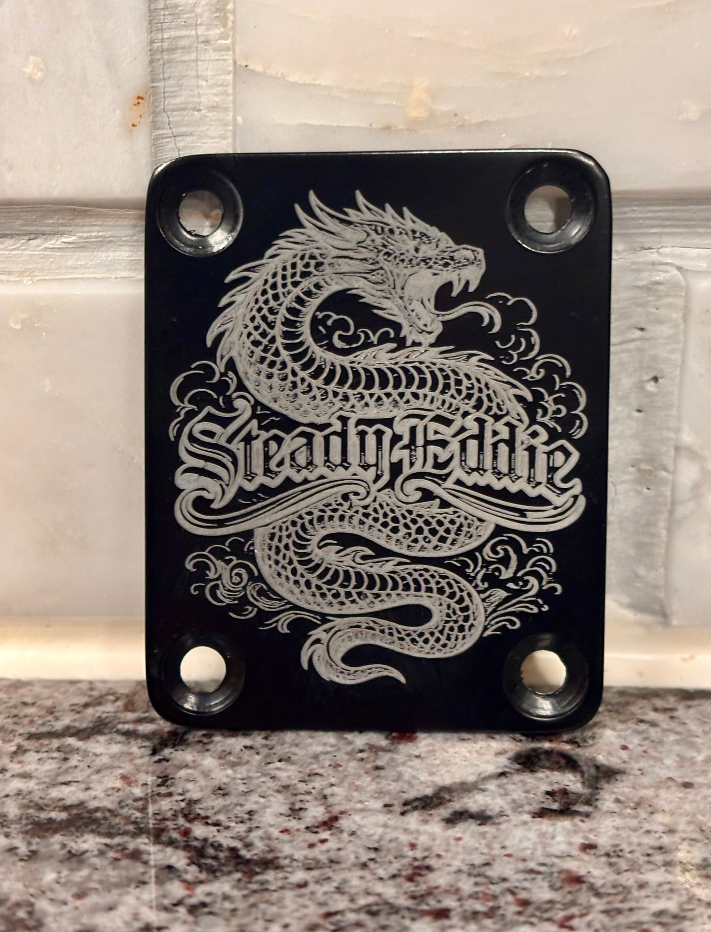 Custom Engraved Guitar Neck Plate | Black Steel, 4-Bolt Fender Mount, Laser Etched, Screws Included
