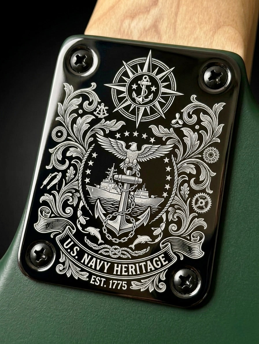 Custom Engraved Guitar Neck Plate | Black Steel, 4-Bolt Fender Mount, Laser Etched, Screws Included