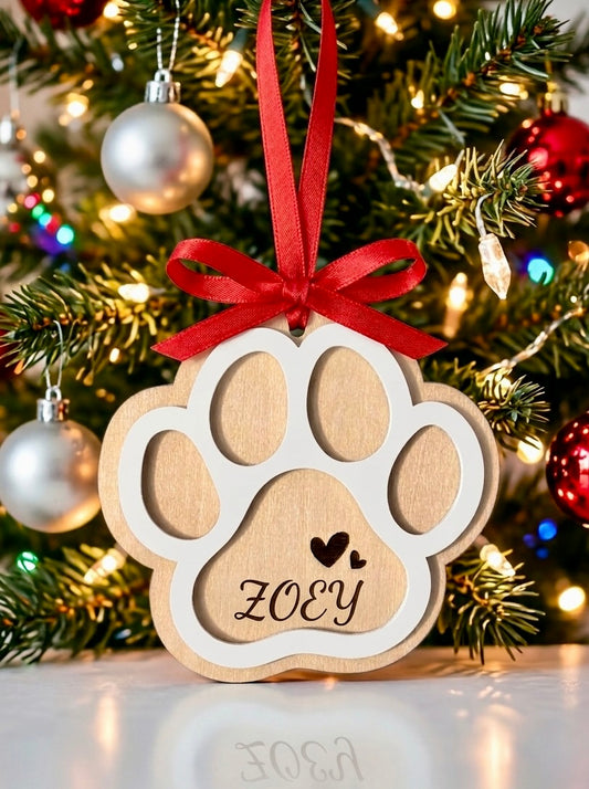 Personalized Dog Paw Christmas Ornament – Laser Cut Wood, hand-painted, Custom Pet Memorial Gift
