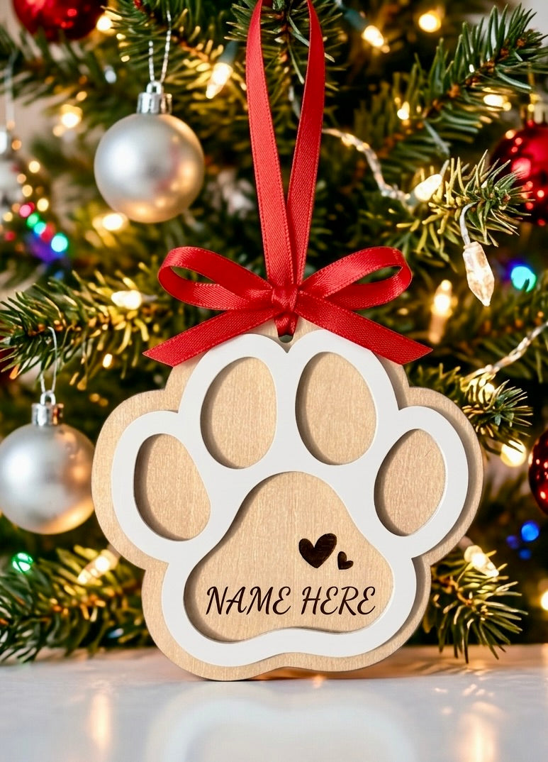 Personalized Dog Paw Christmas Ornament – Laser Cut Wood, hand-painted, Custom Pet Memorial Gift
