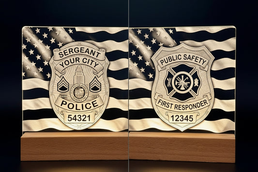 Personalized police and first responder badges on a stand with American flag design.