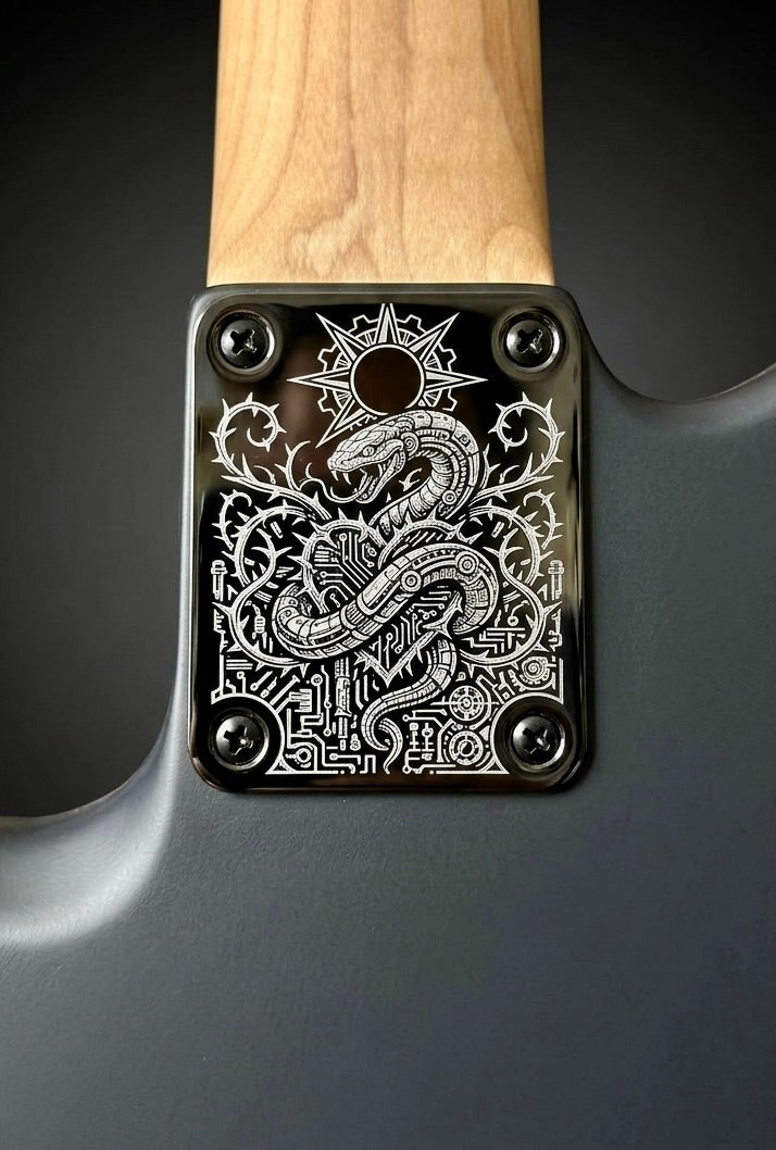 Custom Engraved Guitar Neck Plate | Black Steel, 4-Bolt Fender Mount, Laser Etched, Screws Included