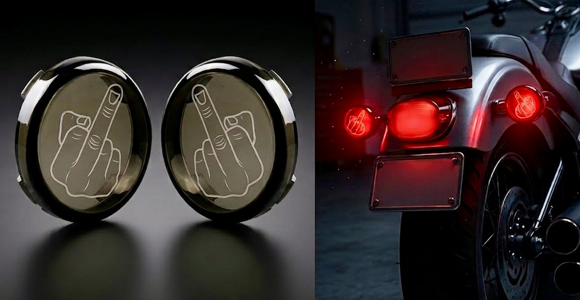 Laser Etched 2” Bullet Smoked Turn Signal Lenses – Harley Davidson & Custom Motorcycles | Hidden Engraving – Lights Up When On