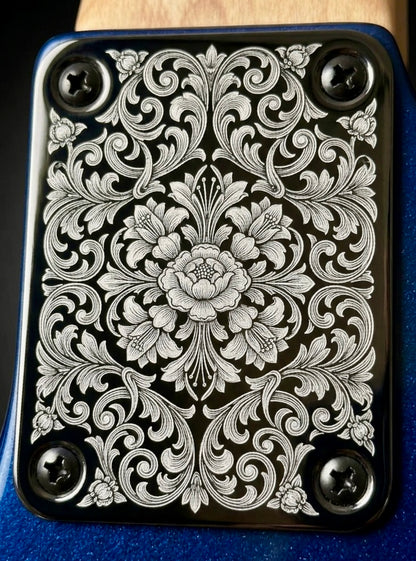 Custom Engraved Guitar Neck Plate | Black Steel, 4-Bolt Fender Mount, Laser Etched, Screws Included