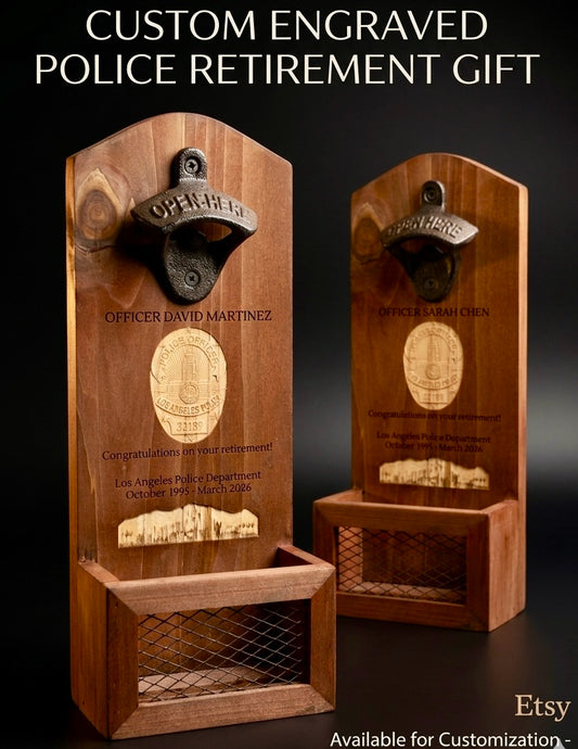 Custom Laser Engraved Wood Bottle Opener w/ Catch Basket