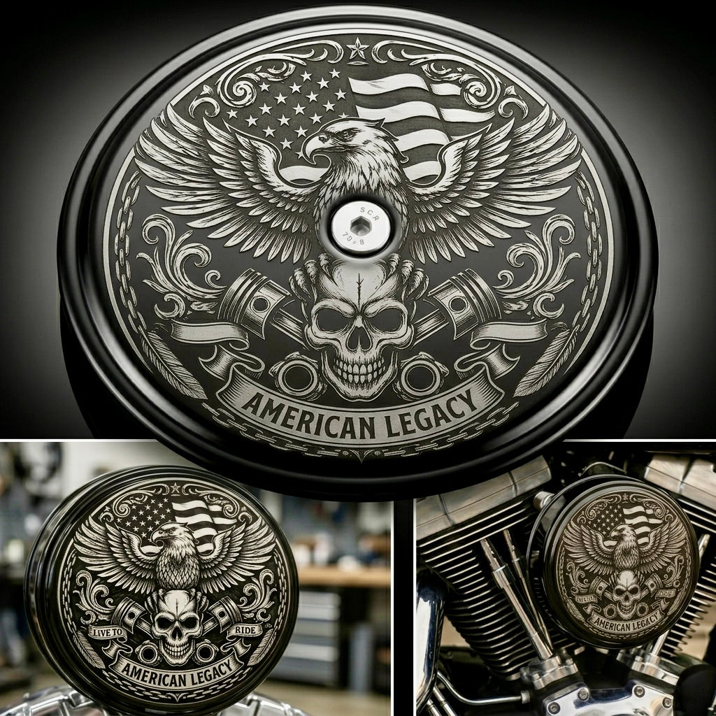Harley Big Sucker Air Cleaner Cover | Laser Engraved Custom Derby Cover | Stage 1 Air Intake Cover | American Flag Harley Engraving
