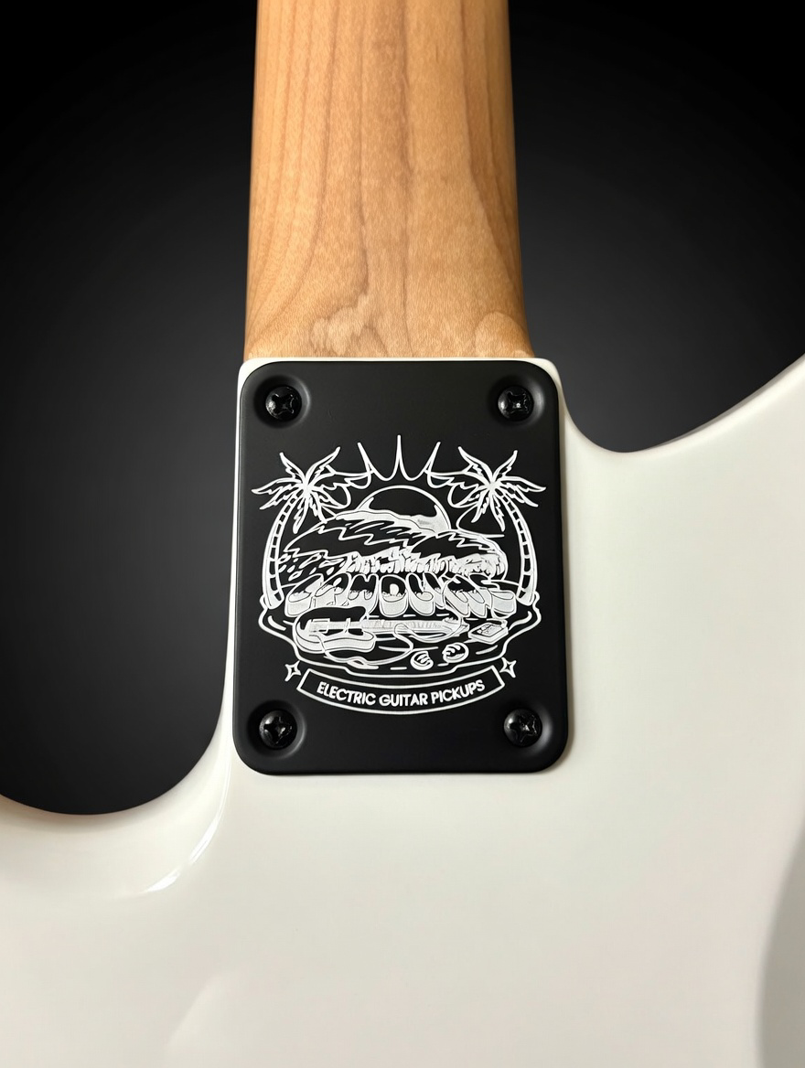 Custom Engraved Guitar Neck Plate | Black Steel, 4-Bolt Fender Mount, Laser Etched, Screws Included