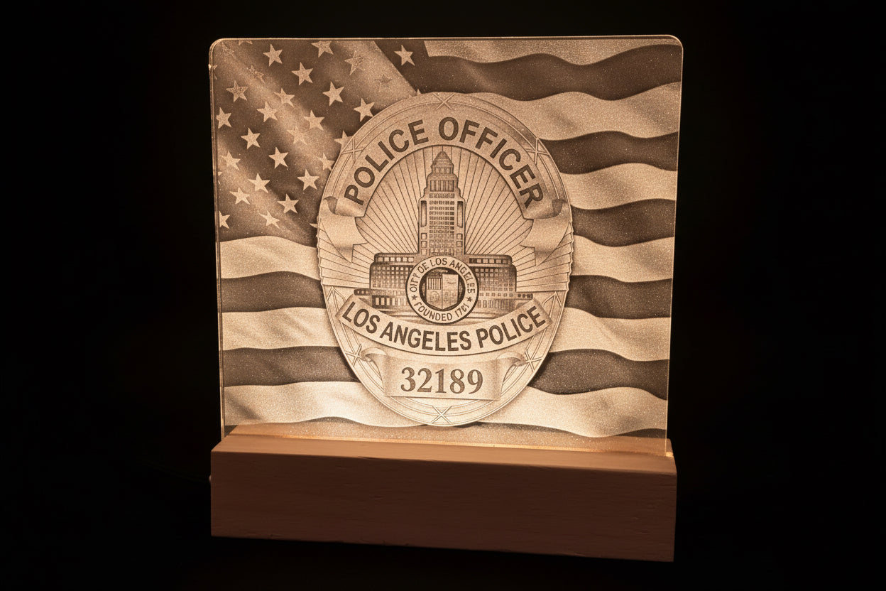 Custom 6x6" UV Laser Engraved light up Acrylic Plaque with Warm LED Base