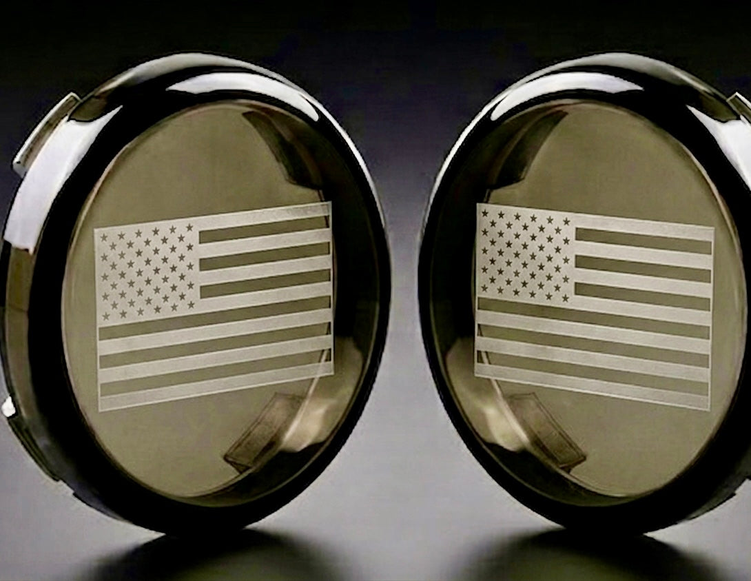 Laser Etched 2” Bullet Smoked Turn Signal Lenses – Harley Davidson & Custom Motorcycles | Hidden Engraving – Lights Up When On