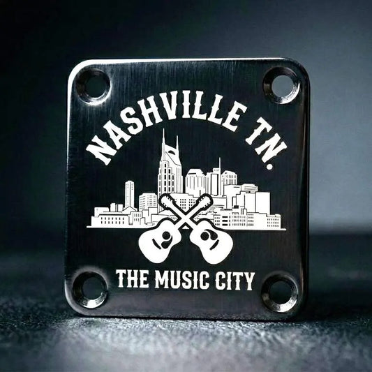 Custom Engraved Guitar Neck Plate | Black Steel, 4-Bolt Fender Mount, Laser Etched, Screws Included