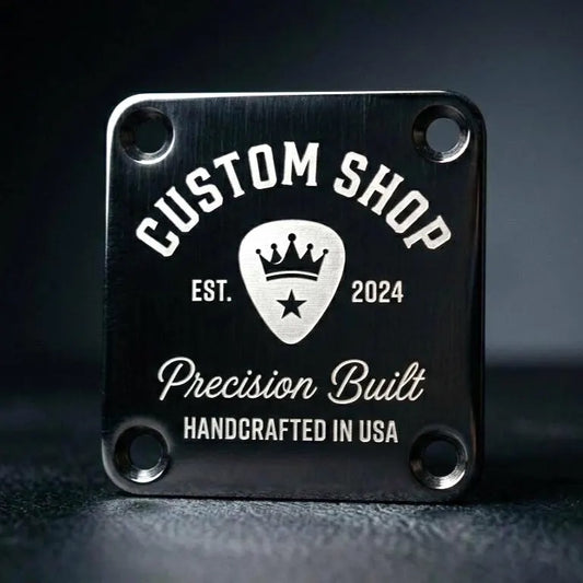 Custom Engraved Guitar Neck Plate | Black Steel, 4-Bolt Fender Mount, Laser Etched, Screws Included