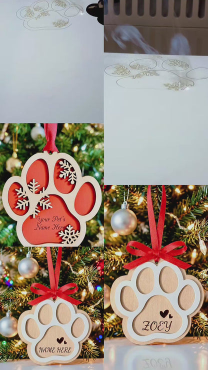 Personalized Dog Paw Christmas Ornament – Laser Cut Wood, hand-painted, Custom Pet Memorial Gift